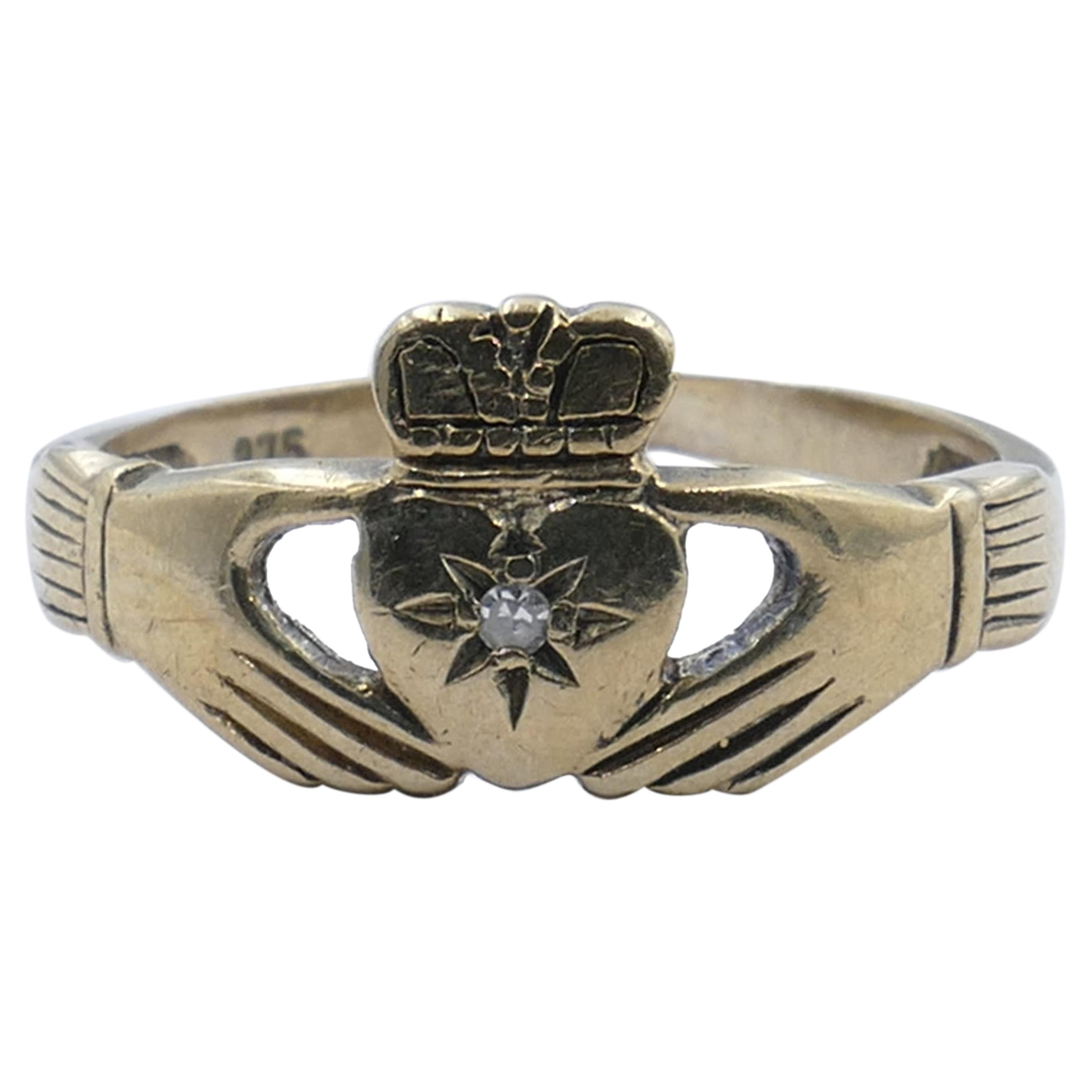 Vintage Yellow Gold Diamond Studded Irish Claddagh Ring For Sale