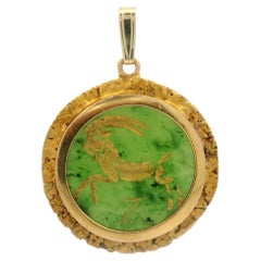 Vintage Yellow Gold Disk Jade Intaglio Capricorn Nugget Frame Medallion Pendant