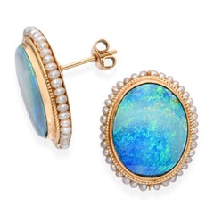 Vintage Yellow Gold Doublet Opal with Seed Pearl Halo Earrings
