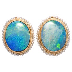 Vintage Yellow Gold Doublet Opal with Seed Pearl Halo Earrings