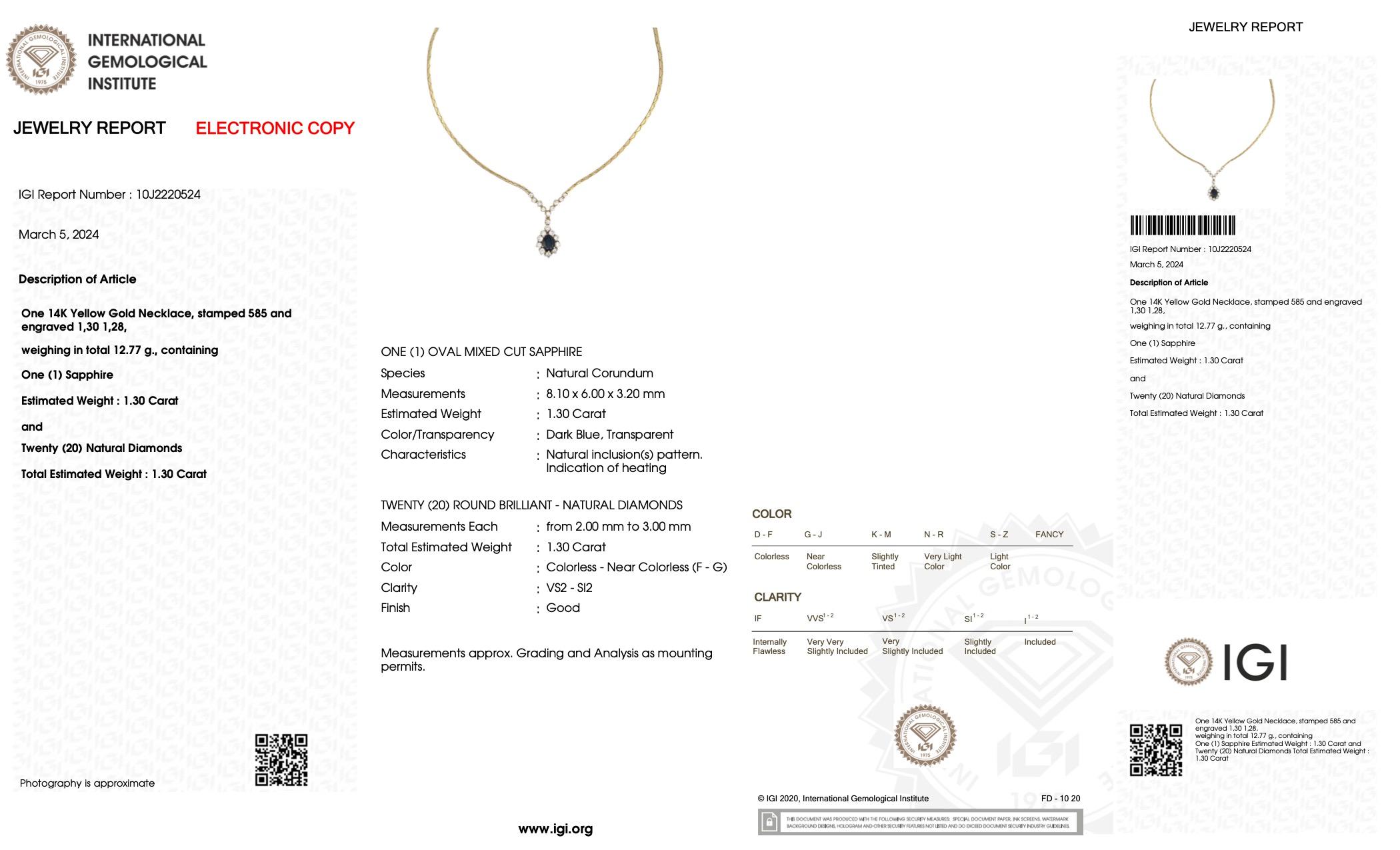 Vintage Gelbgold-Tropfen-Halskette mit Diamanten und Saphiren IGI-zertifiziert im Angebot 4