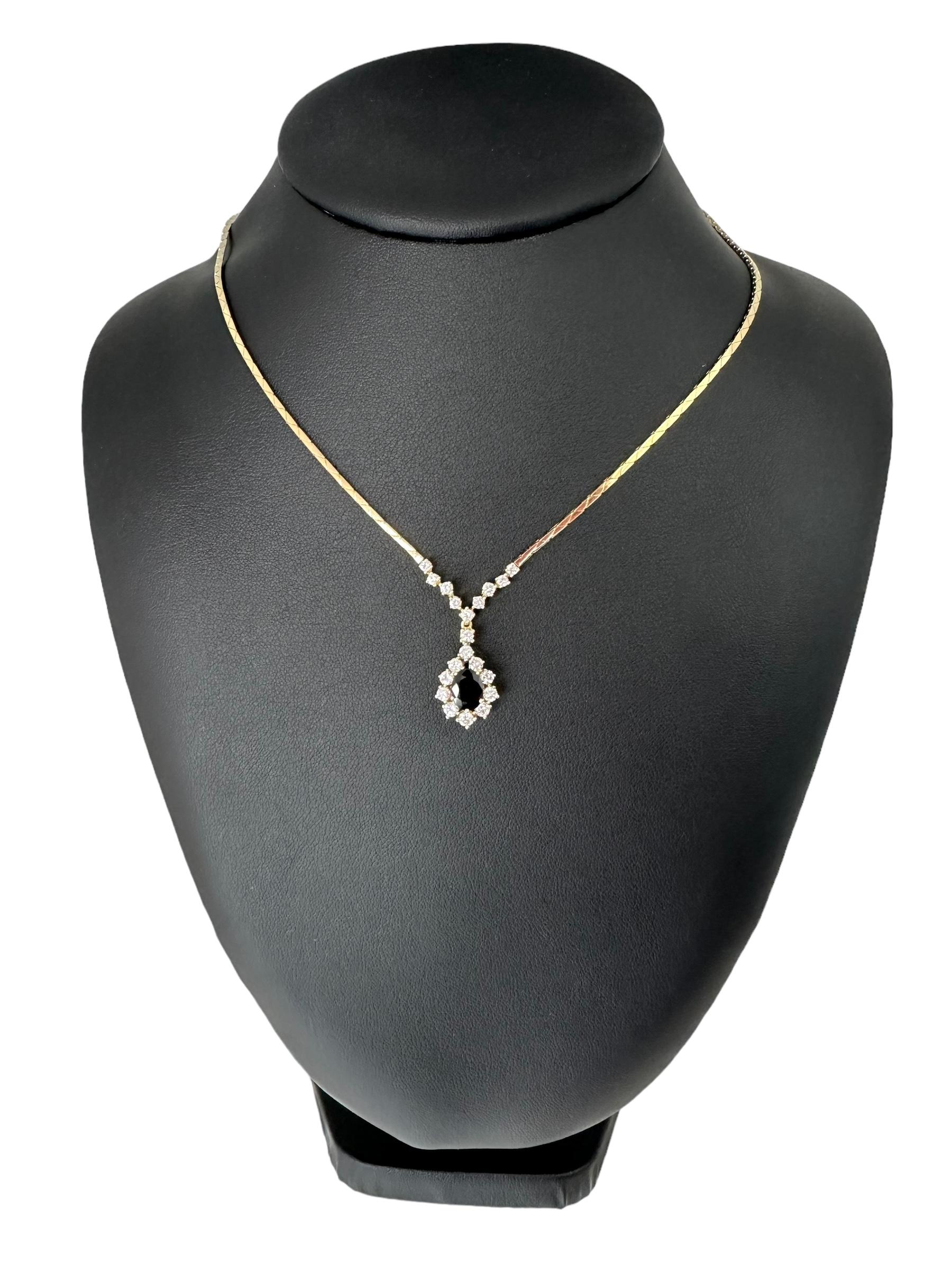 Modern Vintage Yellow Gold Drop Necklace with Diamonds and Sapphire IGI Certified For Sale