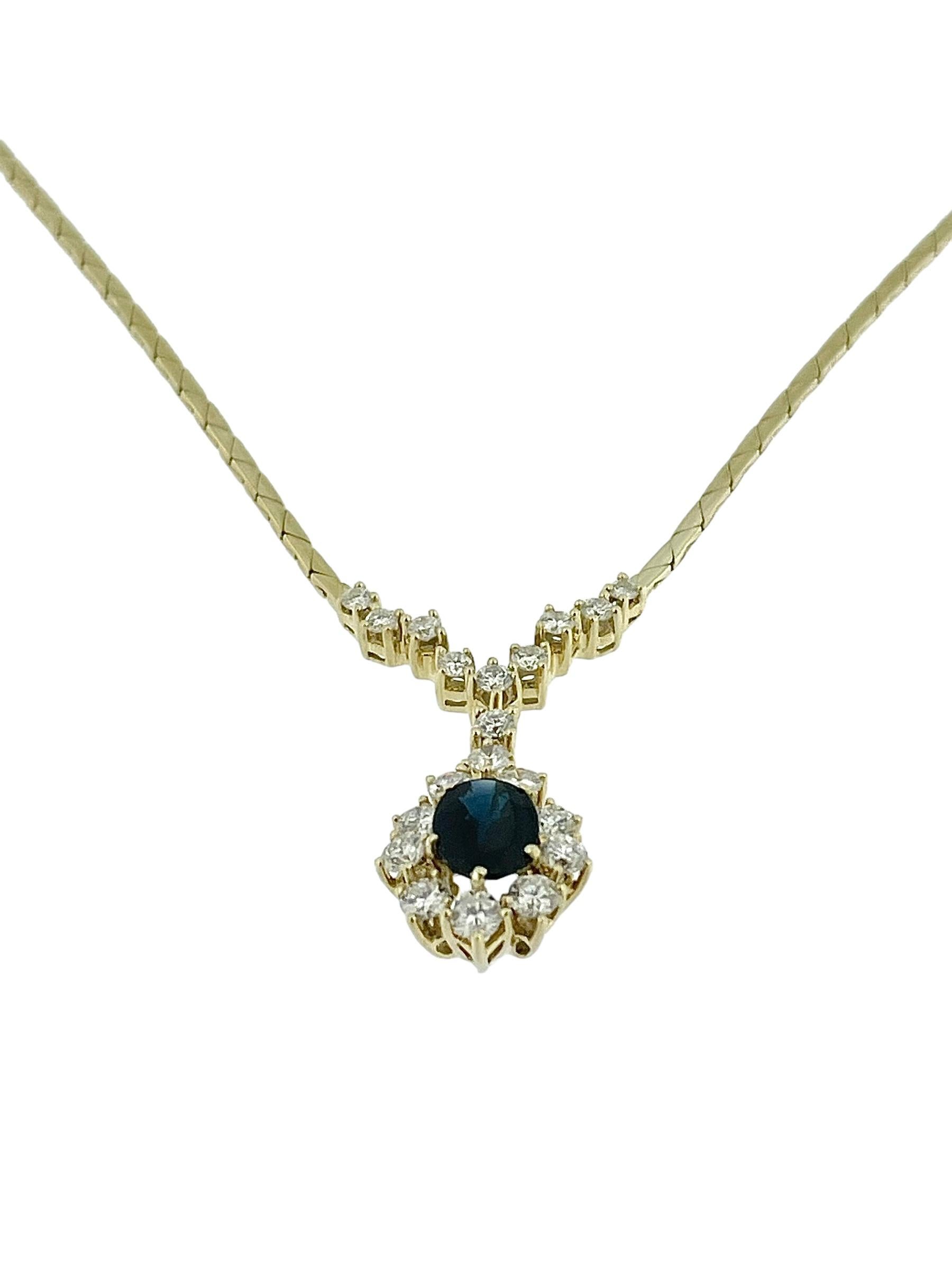 Women's Vintage Yellow Gold Drop Necklace with Diamonds and Sapphire IGI Certified For Sale