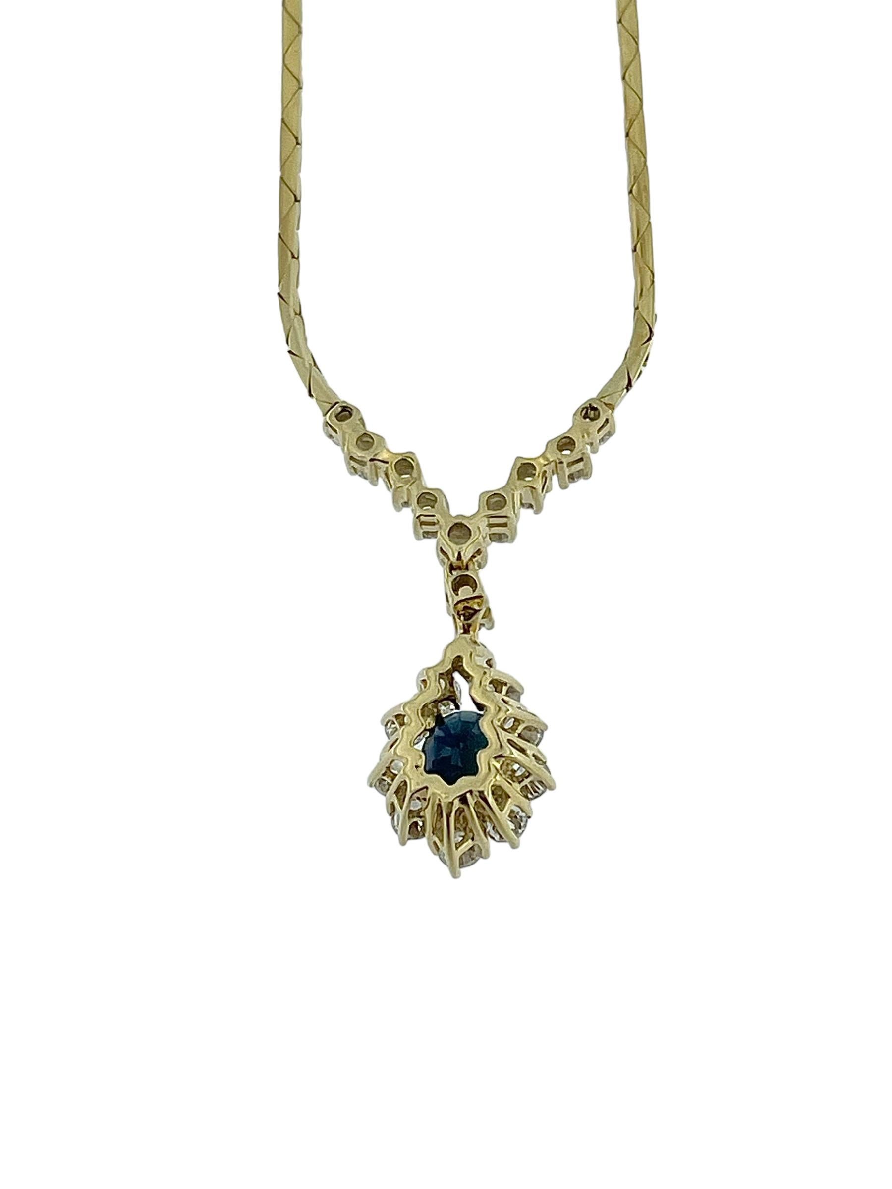 Vintage Yellow Gold Drop Necklace with Diamonds and Sapphire IGI Certified For Sale 1