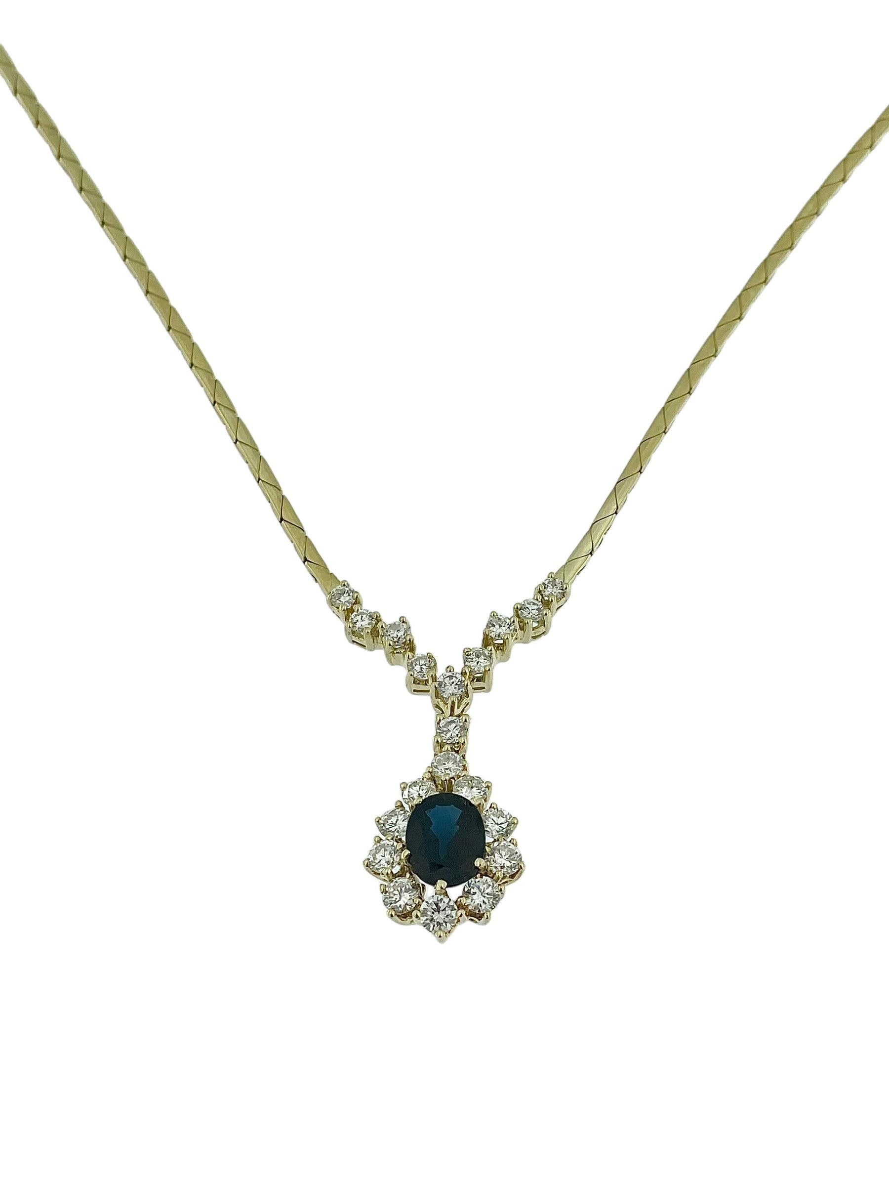 Vintage Yellow Gold Drop Necklace with Diamonds and Sapphire IGI Certified For Sale 3