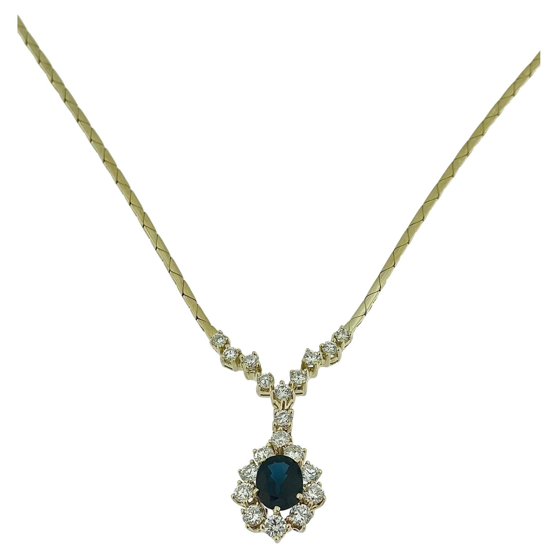 Vintage Yellow Gold Drop Necklace with Diamonds and Sapphire IGI Certified For Sale