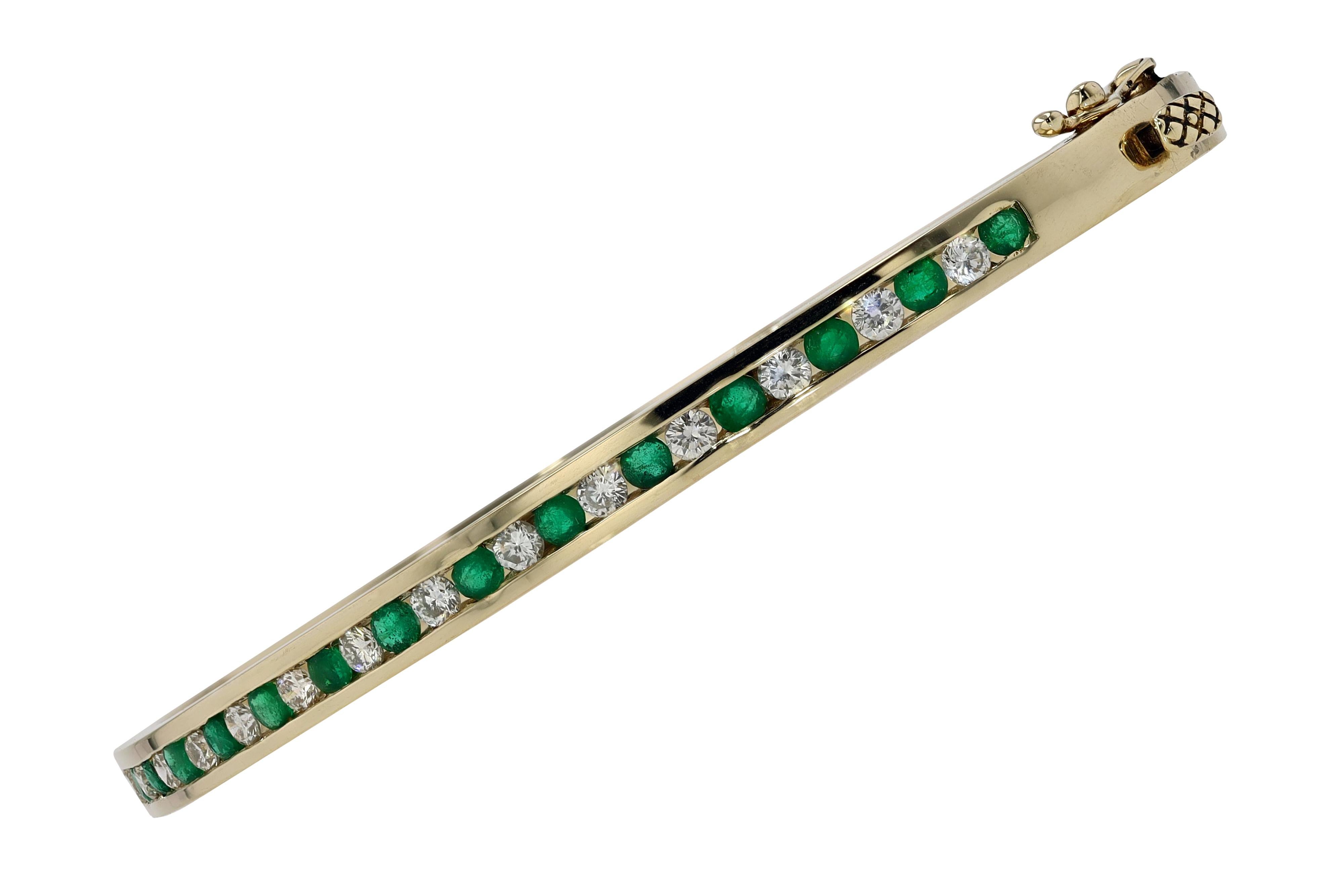 Women's Vintage Yellow Gold Emerald and Diamond Bangle Bracelet