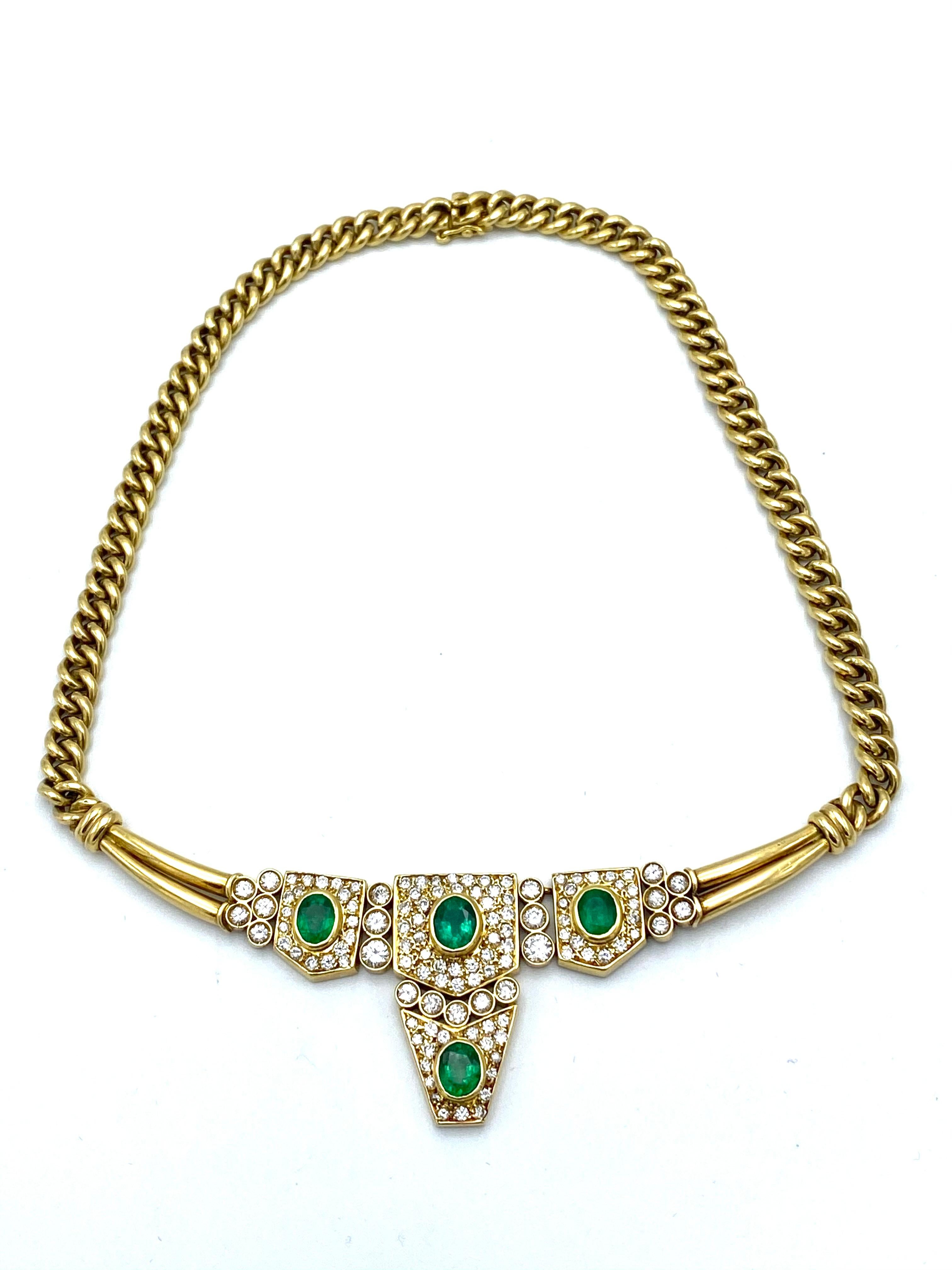 Product details:
Featuring 18K yellow gold curb link chain with 3.03ct. round brilliant cut diamonds and 3.00ct. faceted oval emerald pendant. Box clasp closure with figure- eight safety.
