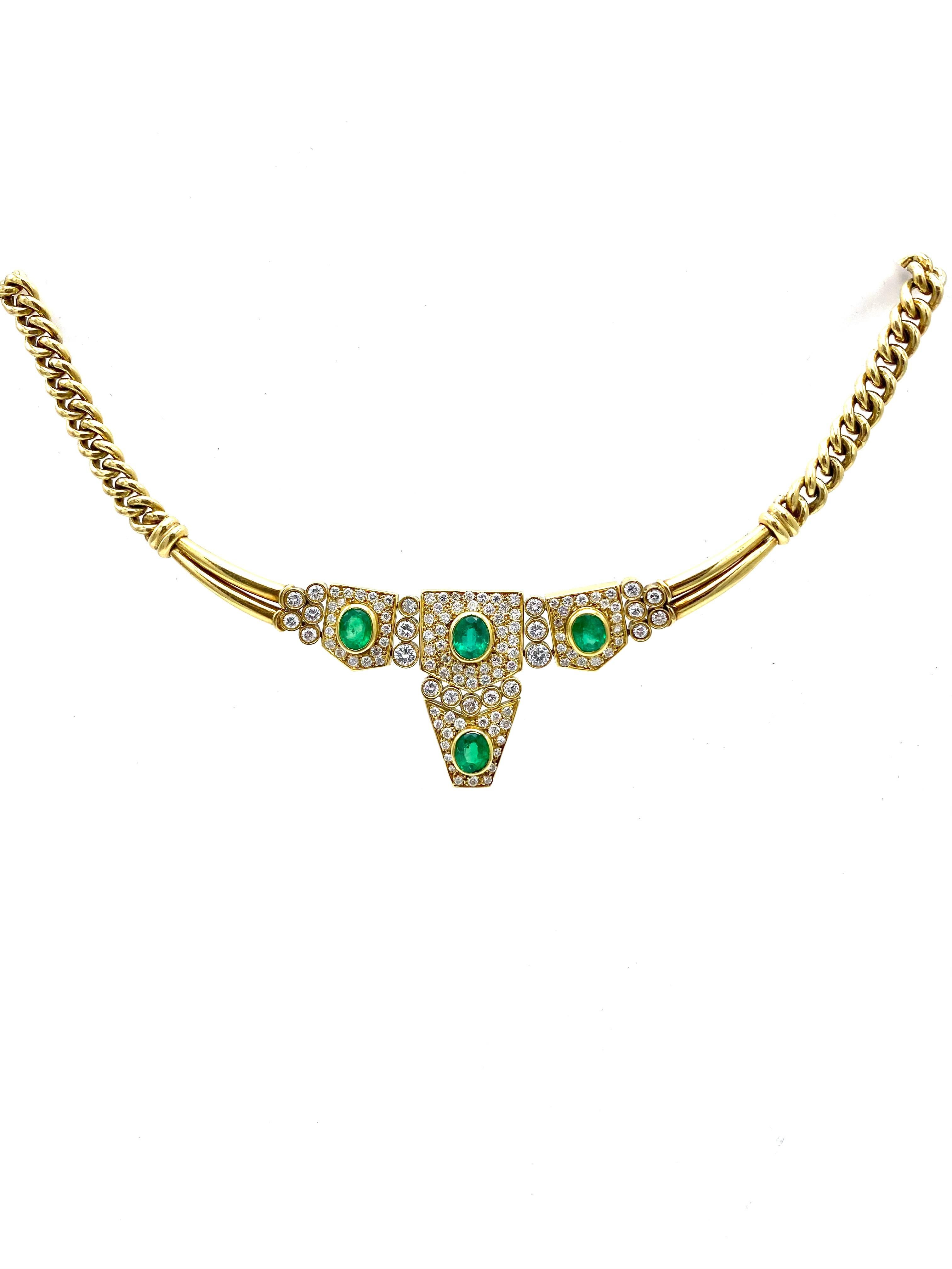 Vintage Yellow Gold, Emerald and Diamond Necklace In Excellent Condition In Beverly Hills, CA