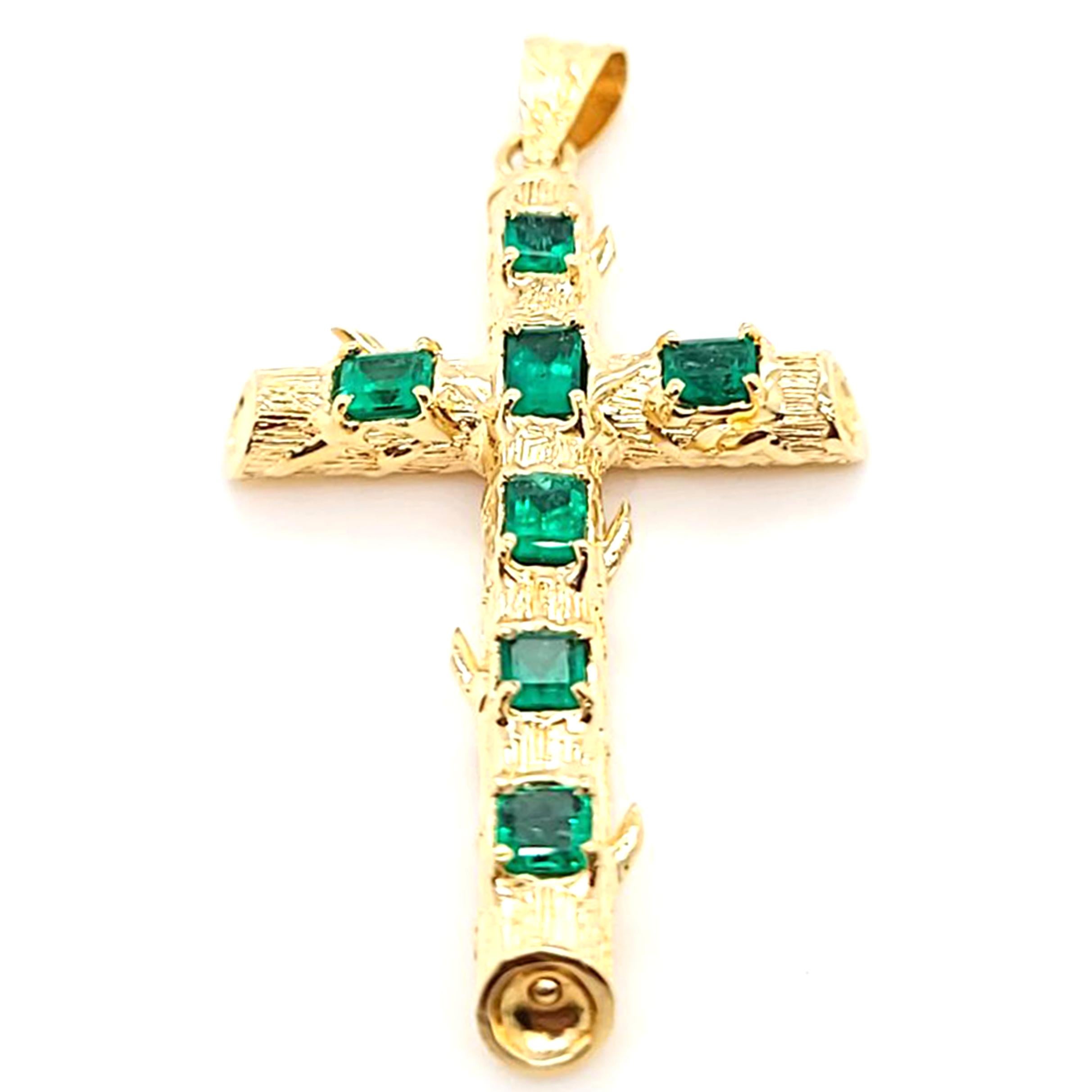 Emerald Cut Vintage Yellow Gold Emerald Cross with Bark Finish For Sale