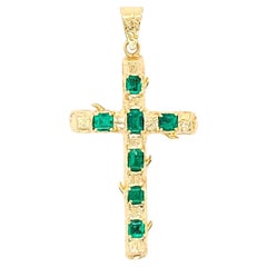 Vintage Yellow Gold Emerald Cross with Bark Finish