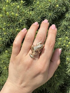 Vintage Yellow Gold Emerald Eyes Climbing Frog Wide Wrap Whimsical Ring