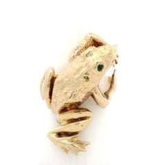 Vintage Yellow Gold Emerald Eyes Climbing Frog Wide Wrap Whimsical Ring