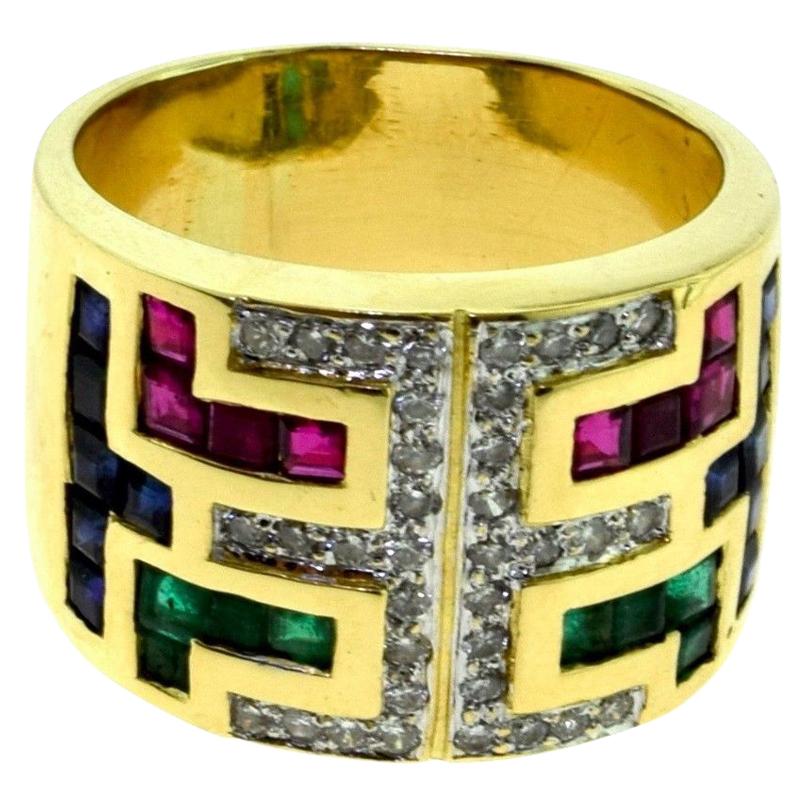 Vintage Yellow Gold Emerald, Ruby, Sapphire, and Diamond Wide Band Ring