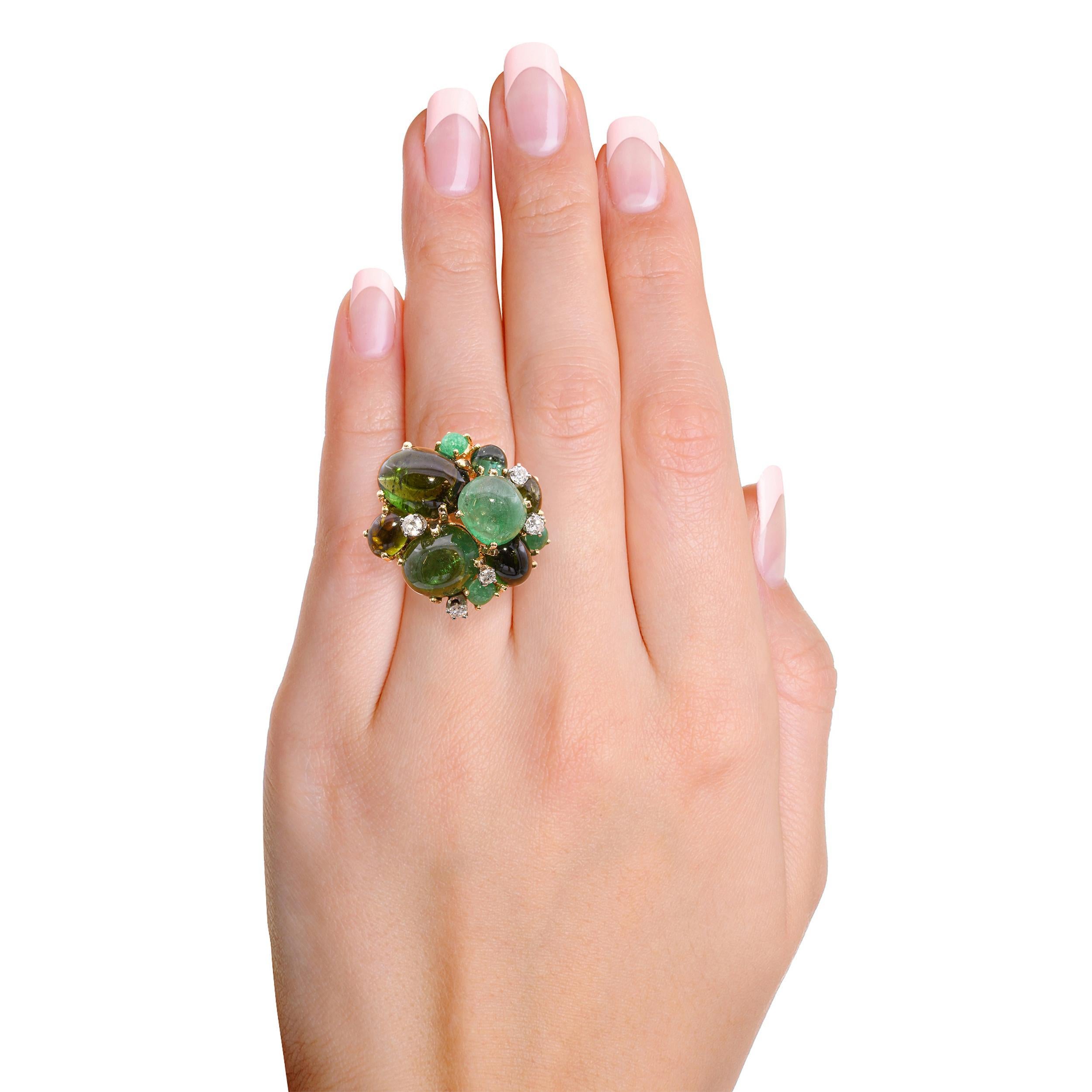 Mixed Cut Vintage Yellow Gold Emerald Tourmaline Diamond Statement Ring For Sale