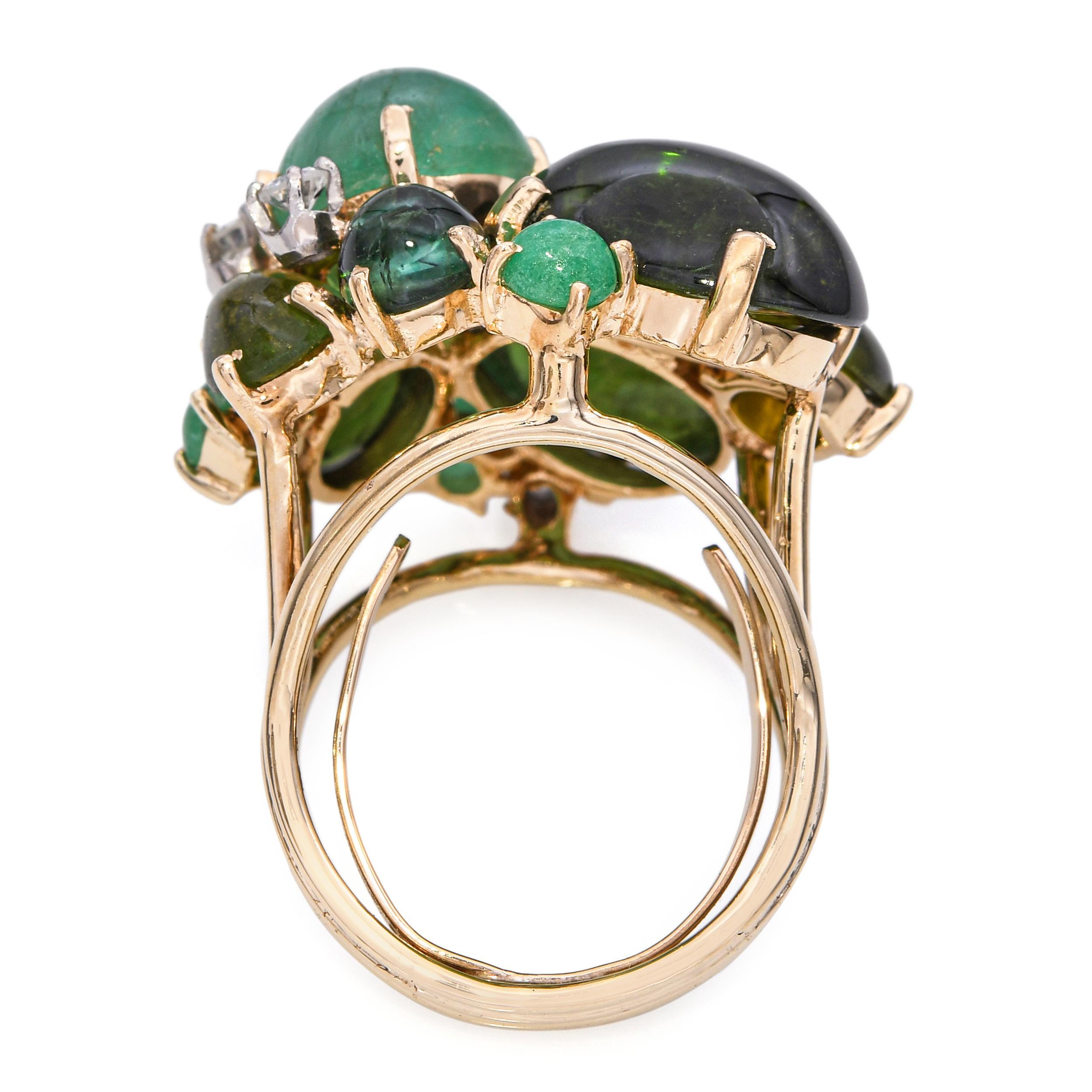 Women's Vintage Yellow Gold Emerald Tourmaline Diamond Statement Ring For Sale