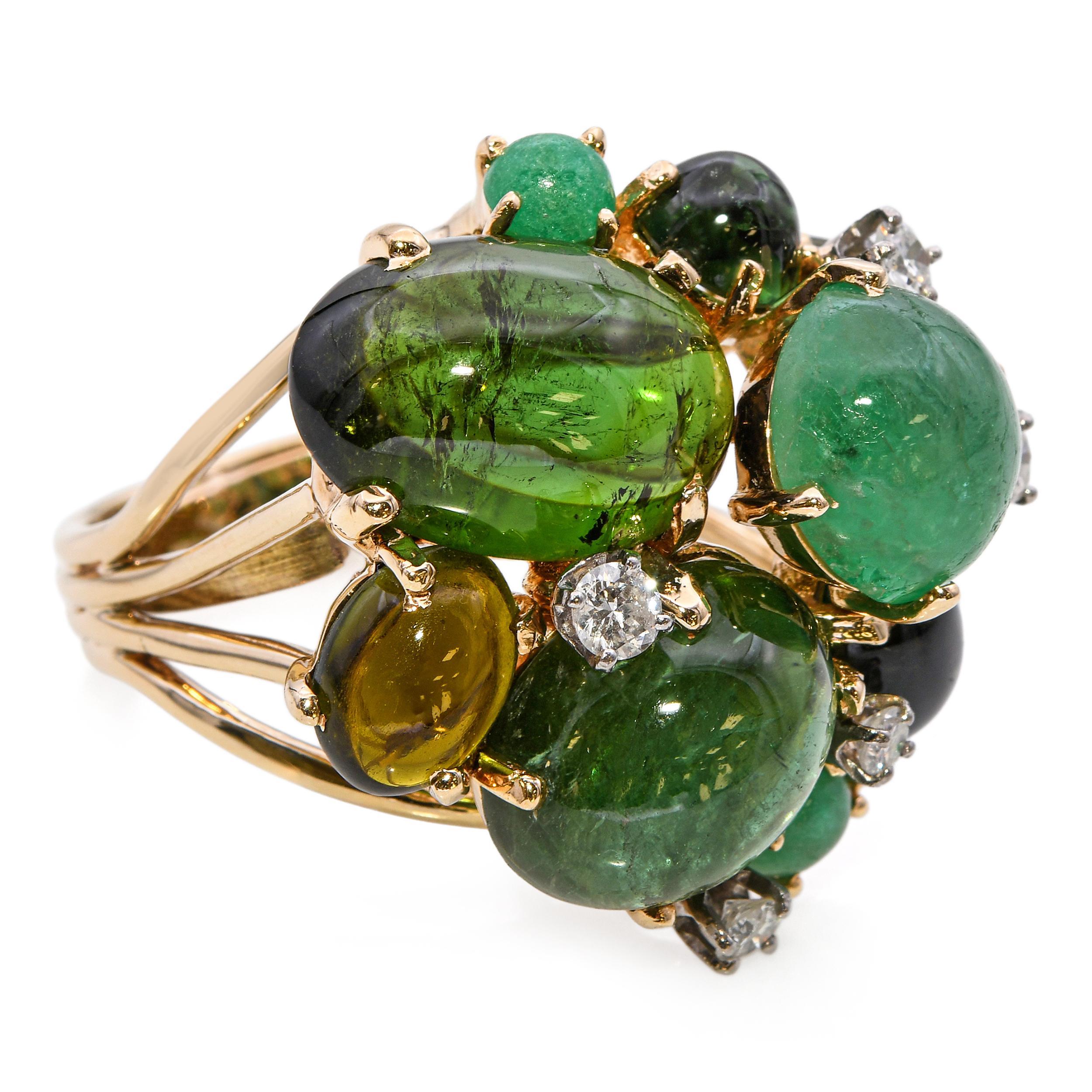 Vintage Yellow Gold Emerald Tourmaline Diamond Statement Ring For Sale 1