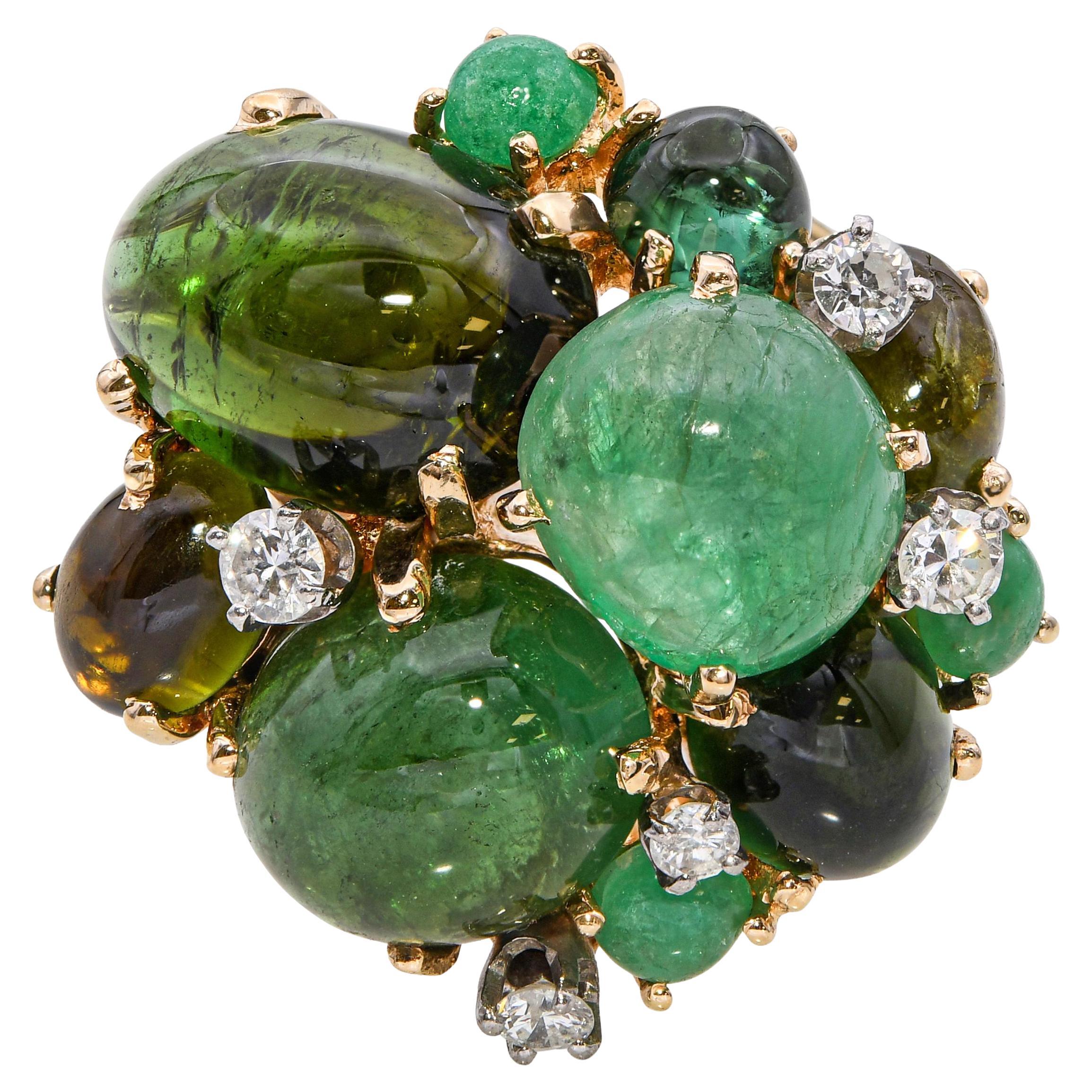 Anello con smeraldo e tormalina e diamante in oro giallo vintage