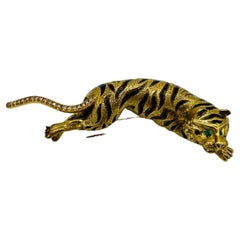 Vintage Yellow Gold, Enamel and Diamond Tiger Brooch 