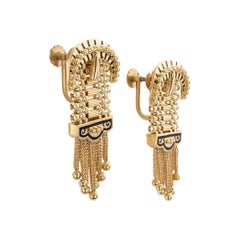 Vintage Yellow Gold Enamel Buckle Tassel Screw on Clip Earrings