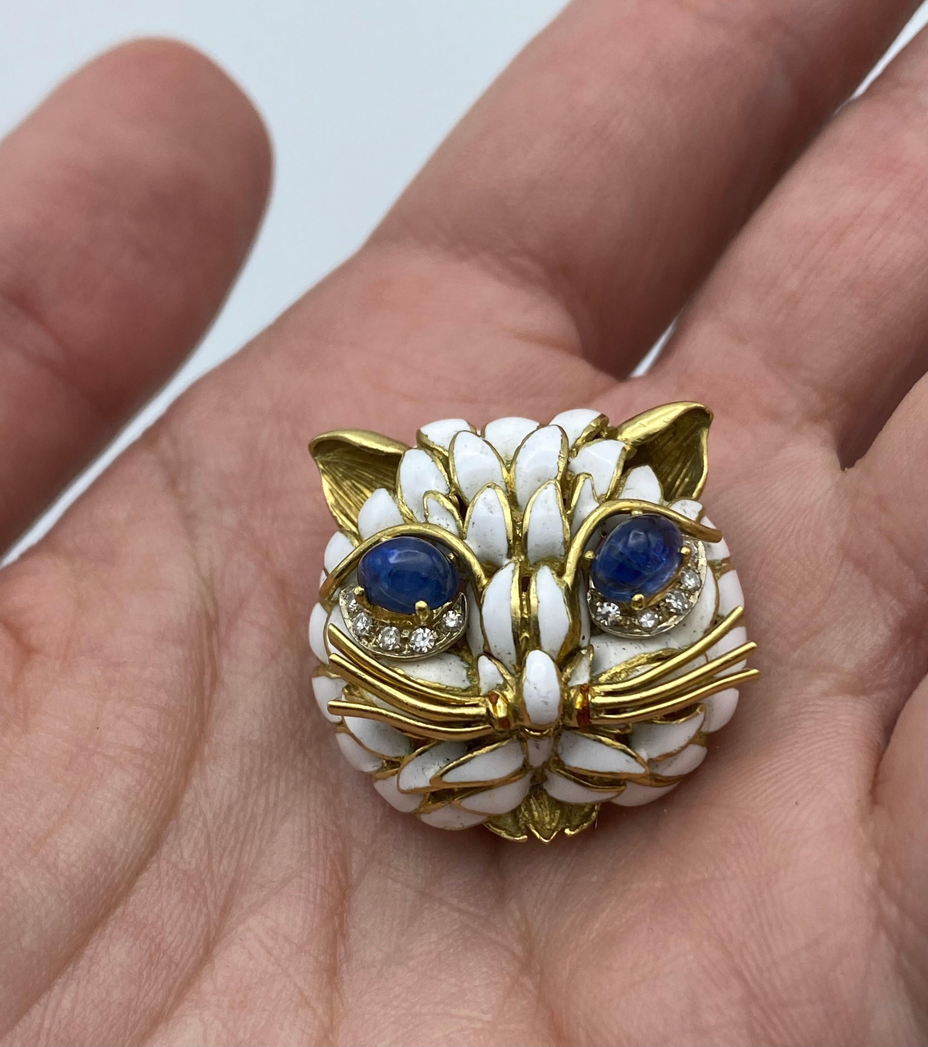 Vintage Yellow Gold, Enamel, Diamond and Cabochon Sapphire Cat Face Pin Brooch  2