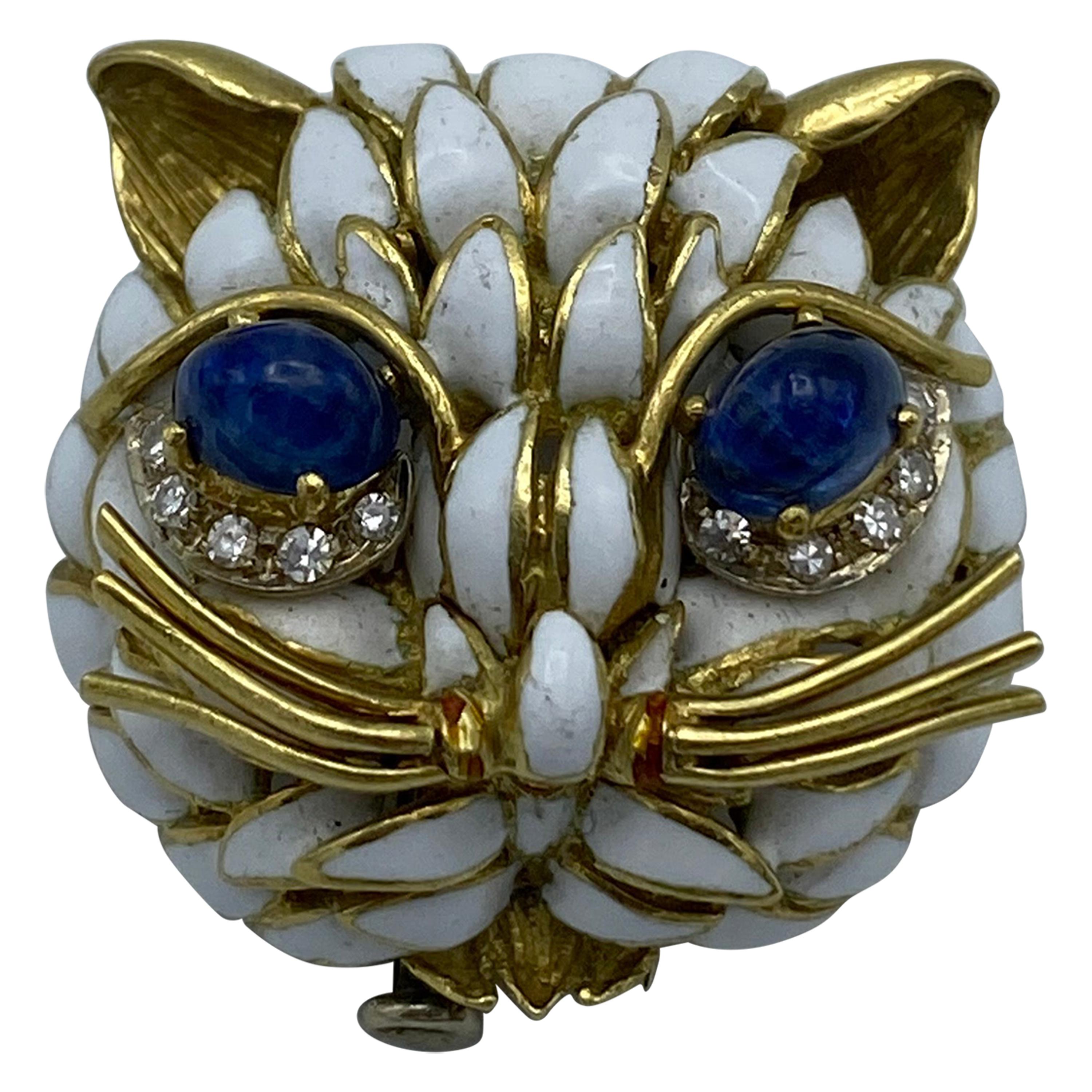 Vintage Yellow Gold, Enamel, Diamond and Cabochon Sapphire Cat Face Pin Brooch 