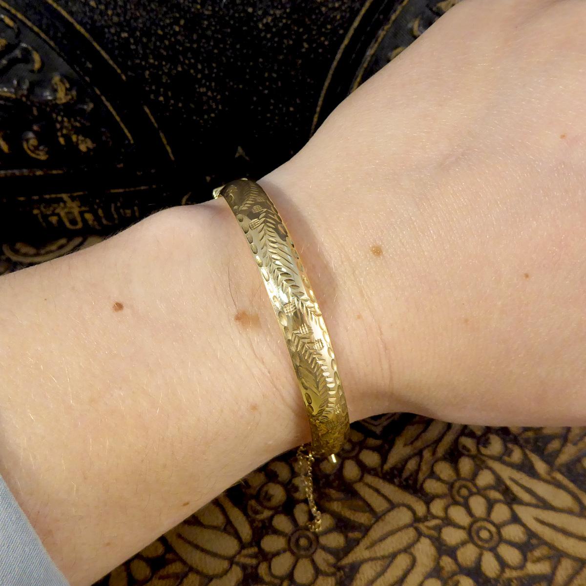 Vintage Yellow Gold Engraved Bangle with Safety Chain 2
