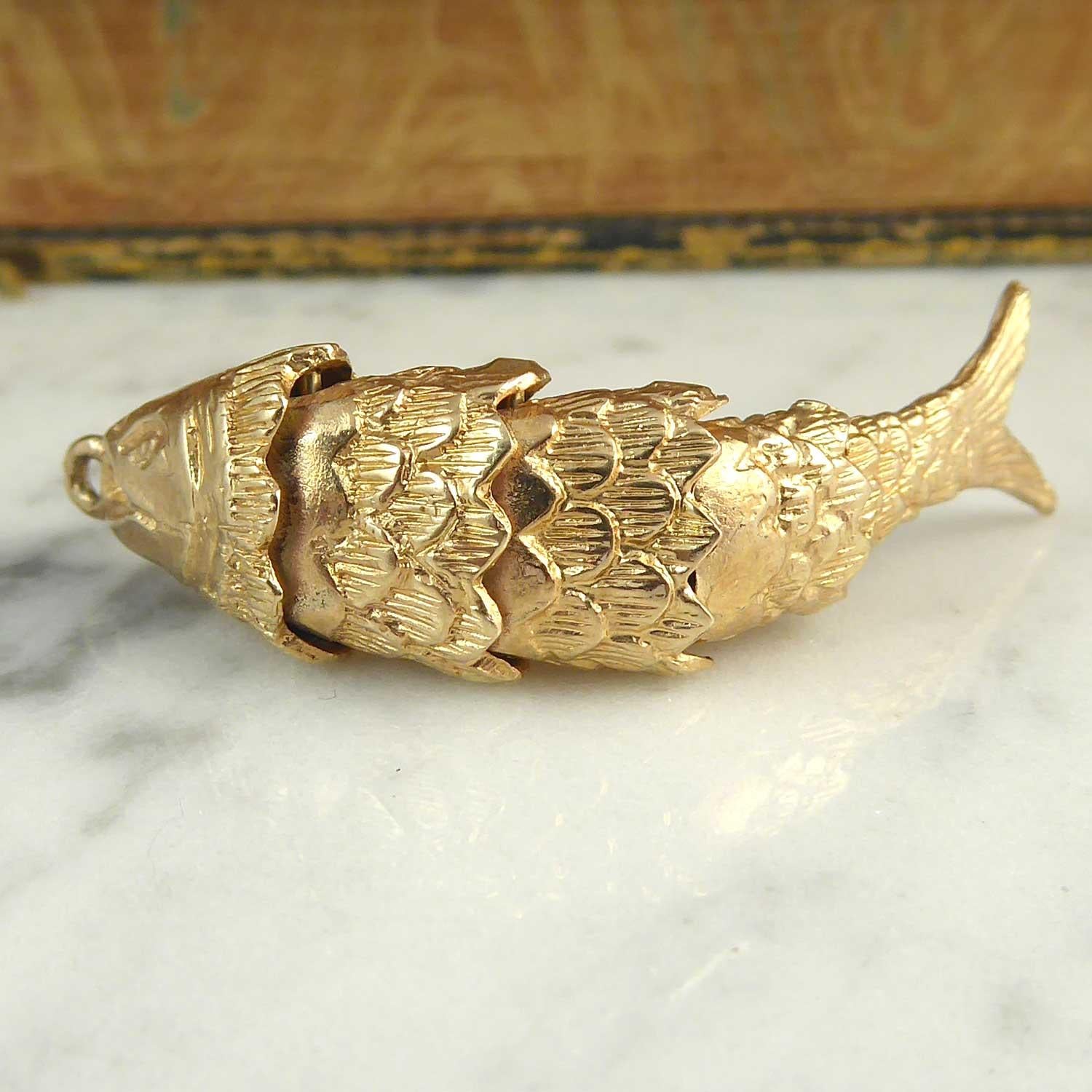 Modern Vintage Yellow Gold Fish Charm, Hallmarked, 1975
