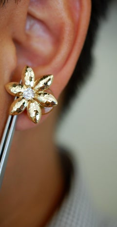 Vintage Yellow Gold Floral Hammered Diamond Earrings