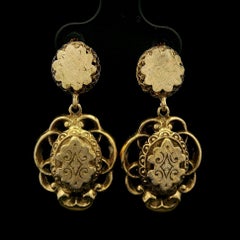 Vintage Yellow Gold Florentine Detailed Drop Dangle Earrings w/ Butterfly Backs