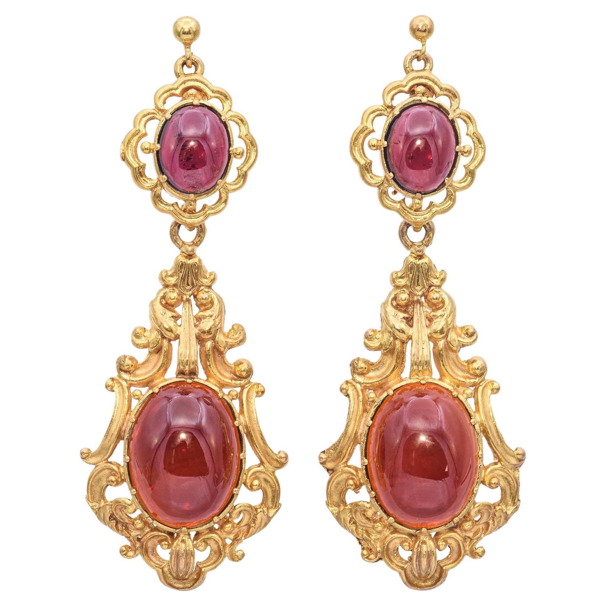Vintage Yellow Gold Garnet Cabochon Drop Earrings