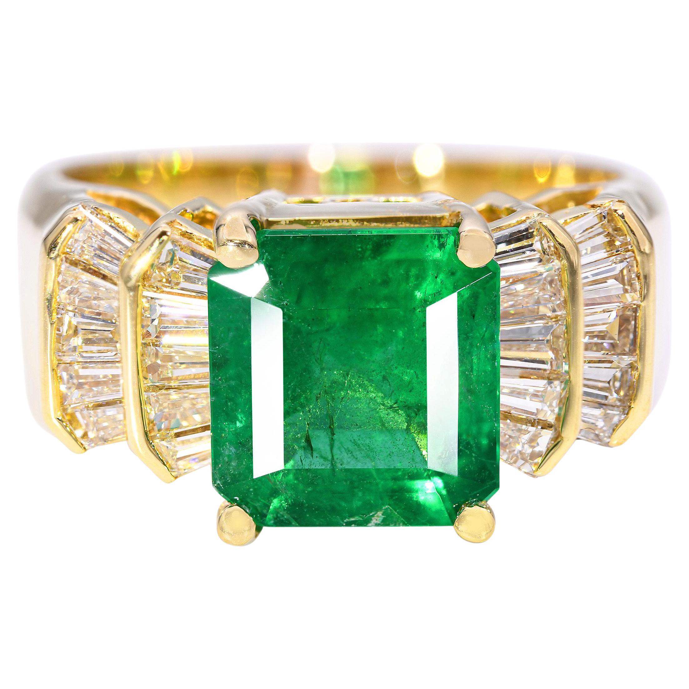 Vintage Yellow Gold GIA 2.49ct Brazilian Emerald and Diamond Ring