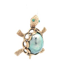 Vintage Yellow Gold Gray Mother of Pearl Detailed Open Work Turtle Charm Pendant