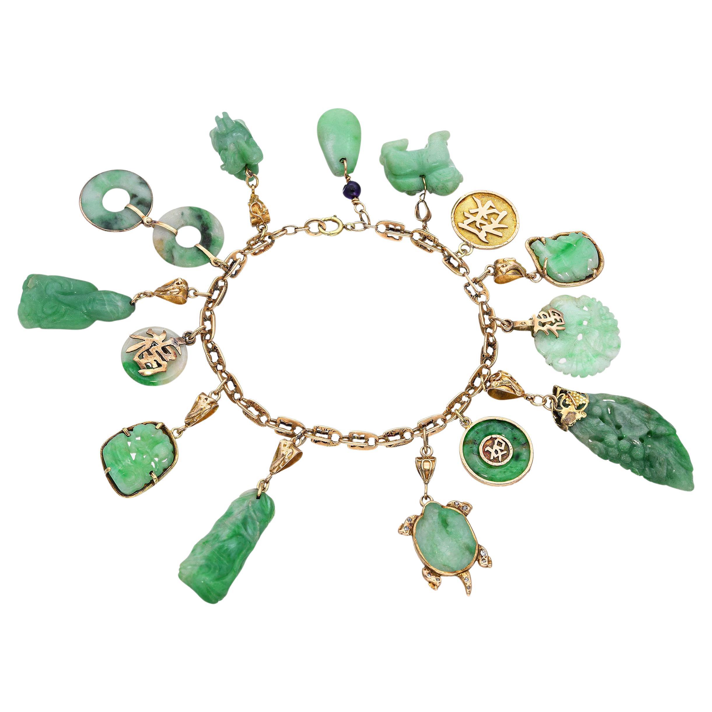 Vintage Yellow Gold Green Jade Charm Bracelet