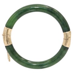 Vintage Yellow Gold Green Jade Hinged Bangle Bracelet
