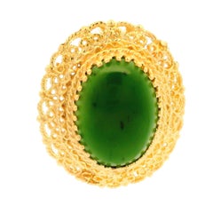 Vintage Yellow Gold Green Jade Open Work Detail Pin Brooch or Slide Pendant