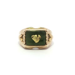 Vintage Yellow Gold Green Jade w/ Golden Nugget Center Men's Band Ring