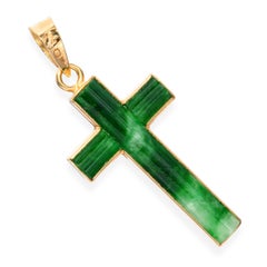 Vintage Yellow Gold Green Jadeite Cross Pendant