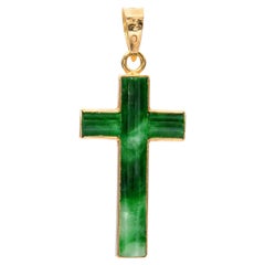Vintage Yellow Gold Green Jadeite Cross Pendant