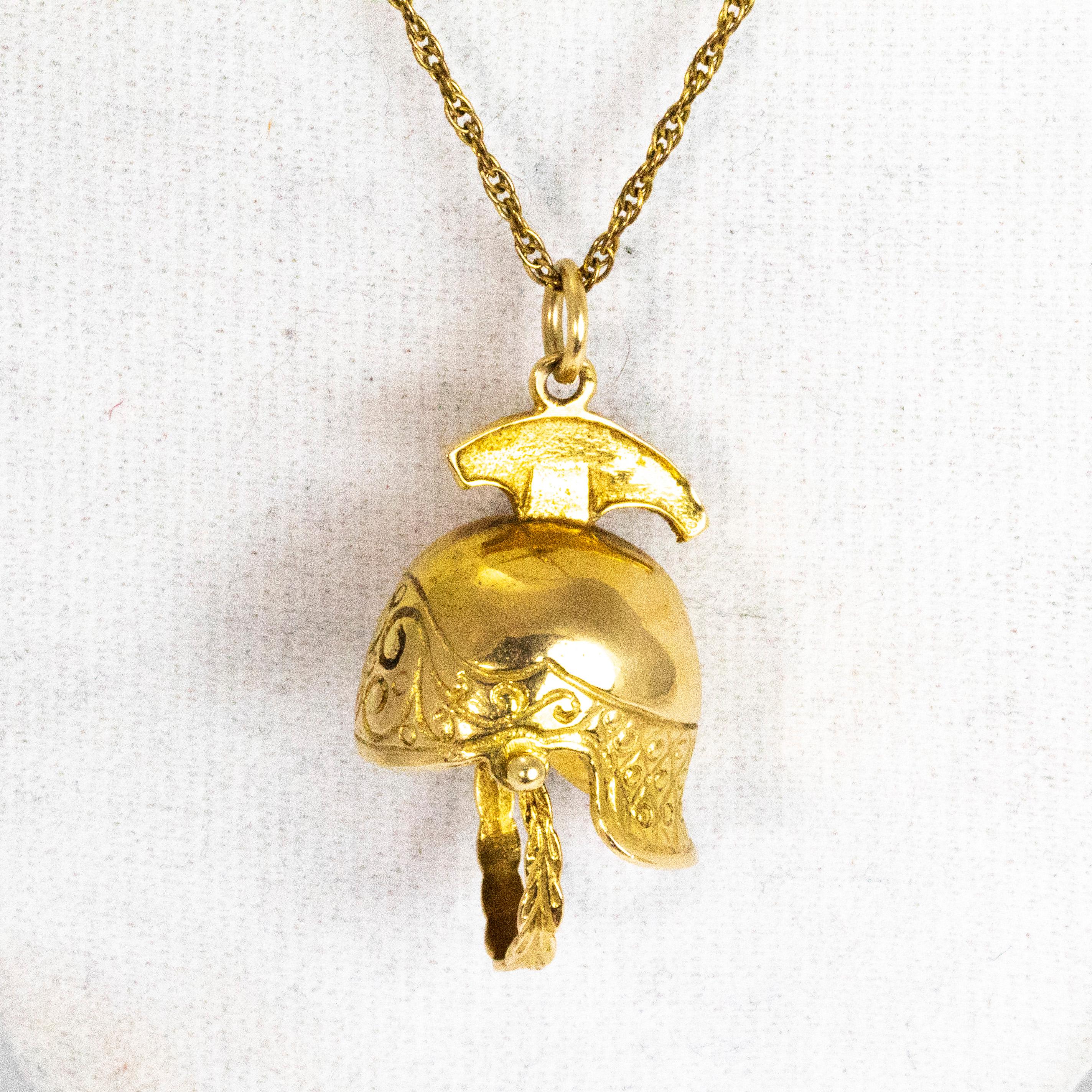 This pedant is so unusual and the twisted chain is perfect for it. The helmet has so much detail on it and even the neck strap is on hinges so it moves. Modelled in yellow gold, its hard not to love a find like this!

