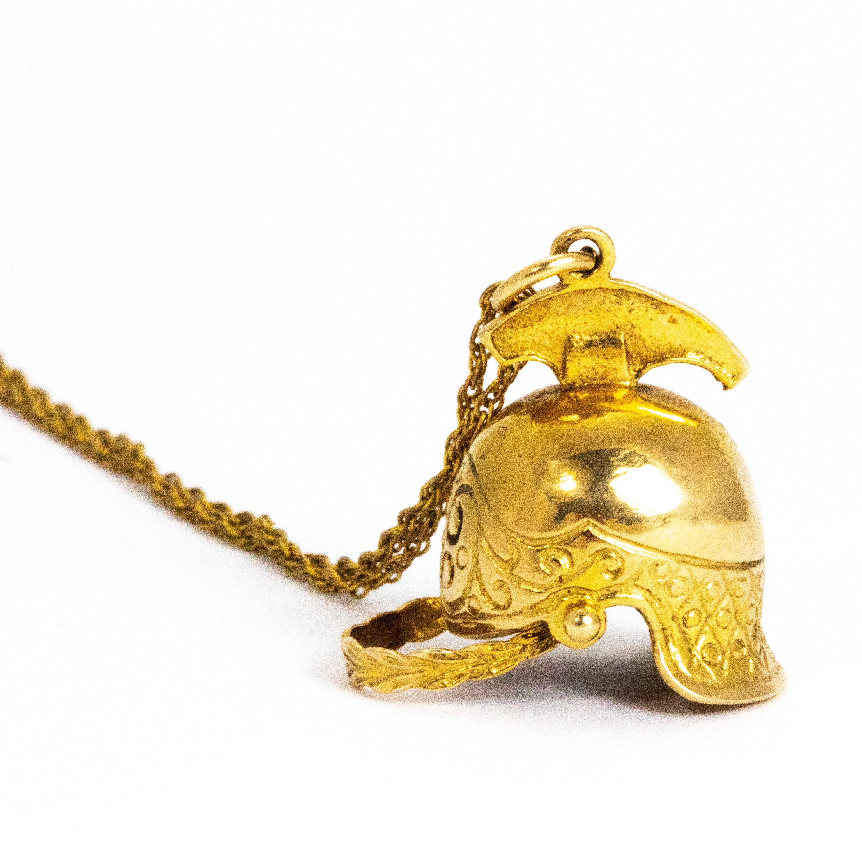Modern Vintage Yellow Gold Helmet Pendant and Chain