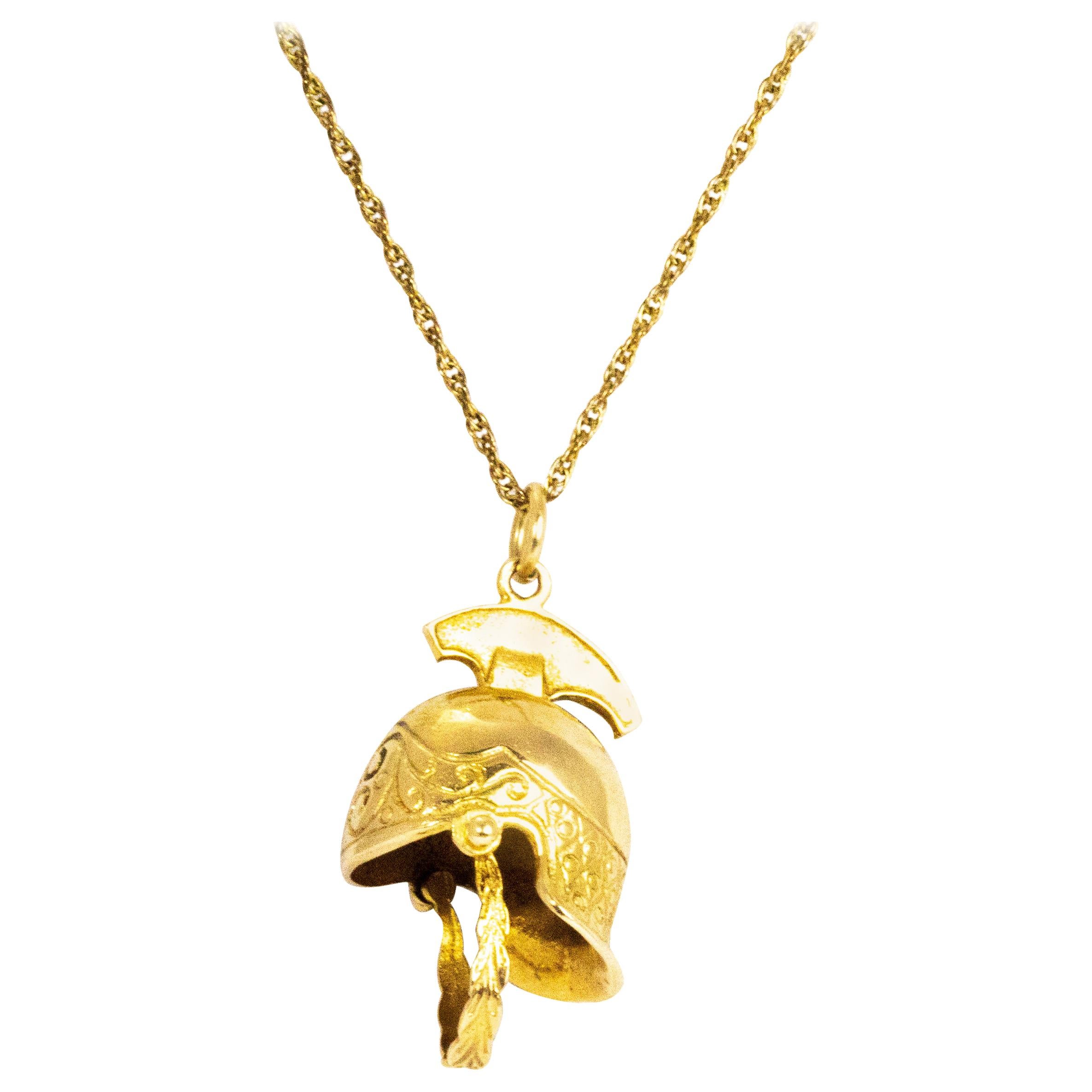 Vintage Yellow Gold Helmet Pendant and Chain
