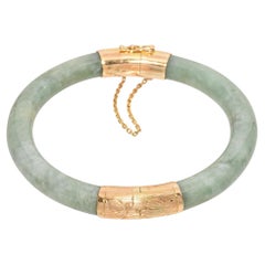 Vintage Yellow Gold Hinged Jade Bangle Bracelet