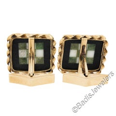 Vintage Yellow Gold Inlaid Multi Color Stone Checkerboard Pattern Cufflink
