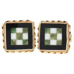 Vintage Yellow Gold Inlaid Multi Color Stone Checkerboard Pattern Cufflink