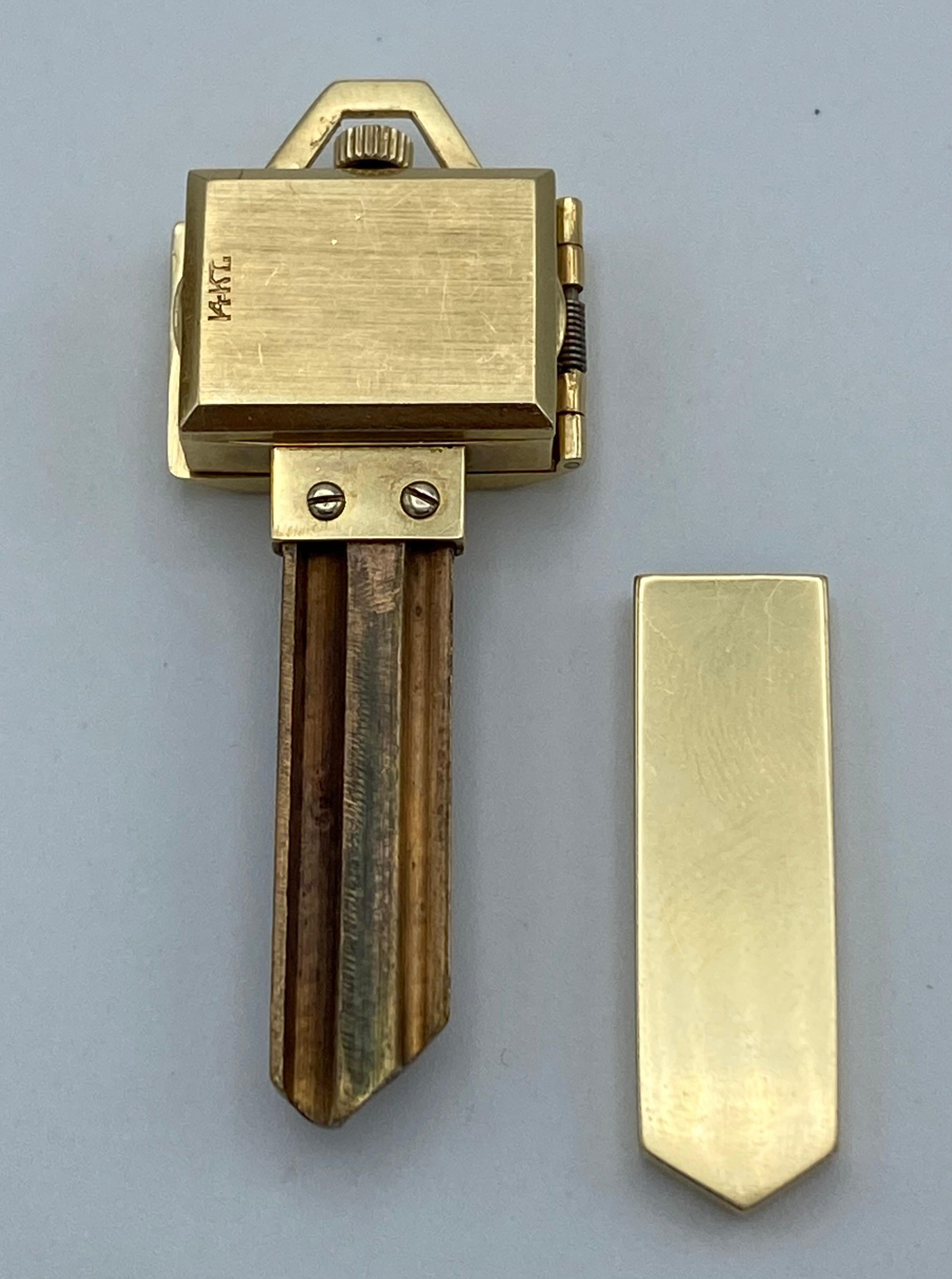 Vintage Yellow Gold Key Pendant w/ Benrus Watch  For Sale 3