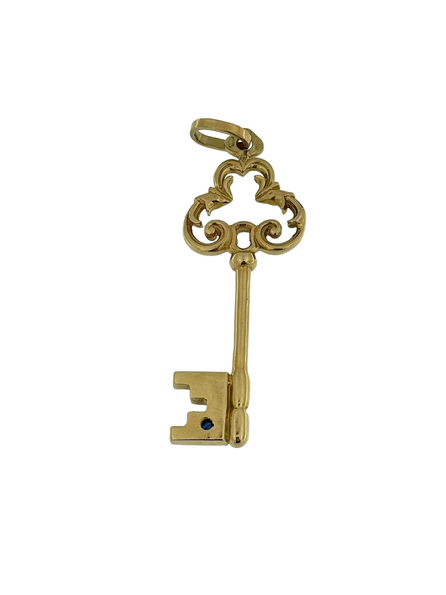 Retro Vintage Yellow Gold Key Pendant with Sapphire For Sale