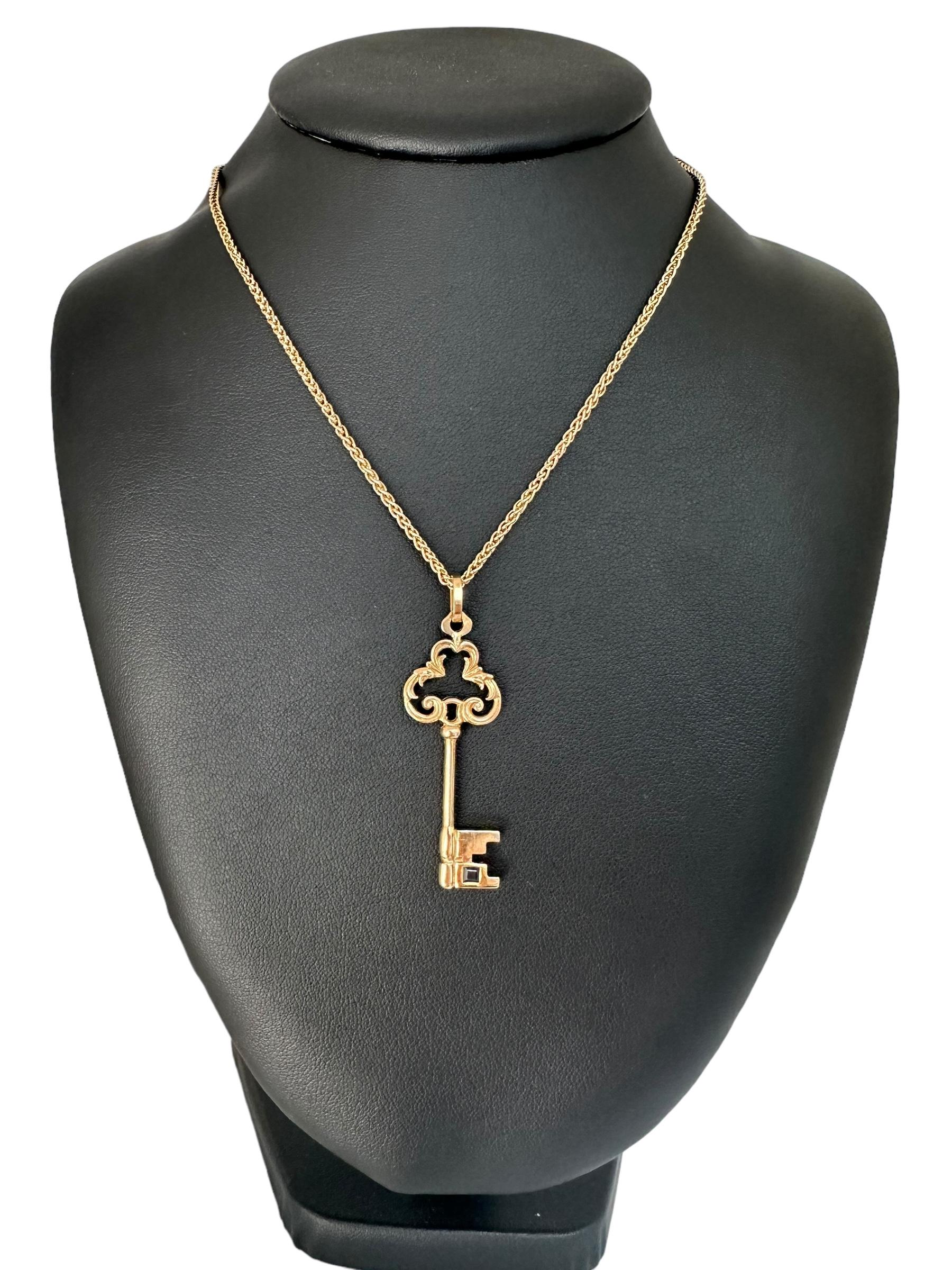 Women's or Men's Vintage Yellow Gold Key Pendant with Sapphire For Sale