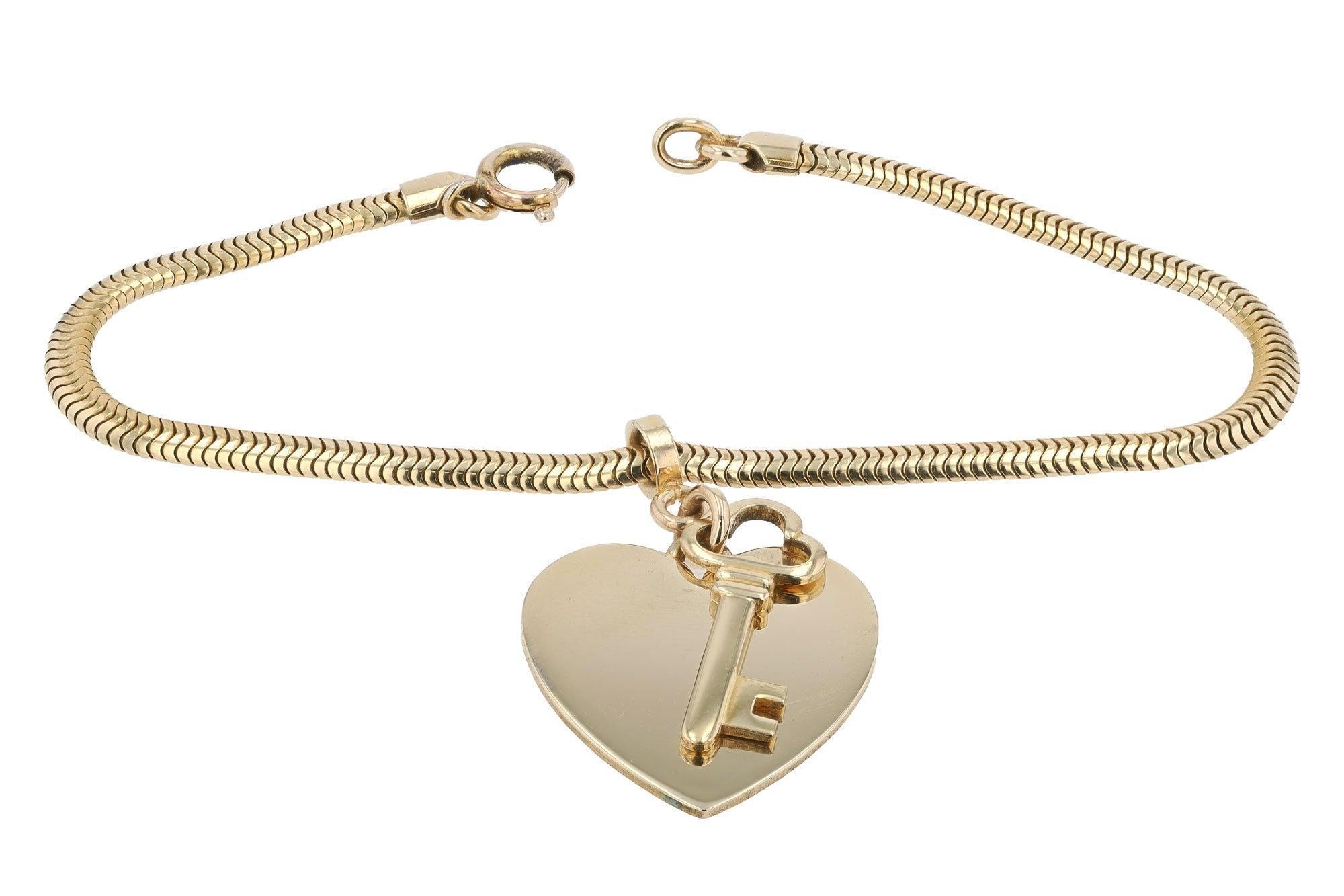 Contemporary Vintage Yellow Gold Key To My Heart Charm Bracelet For Sale