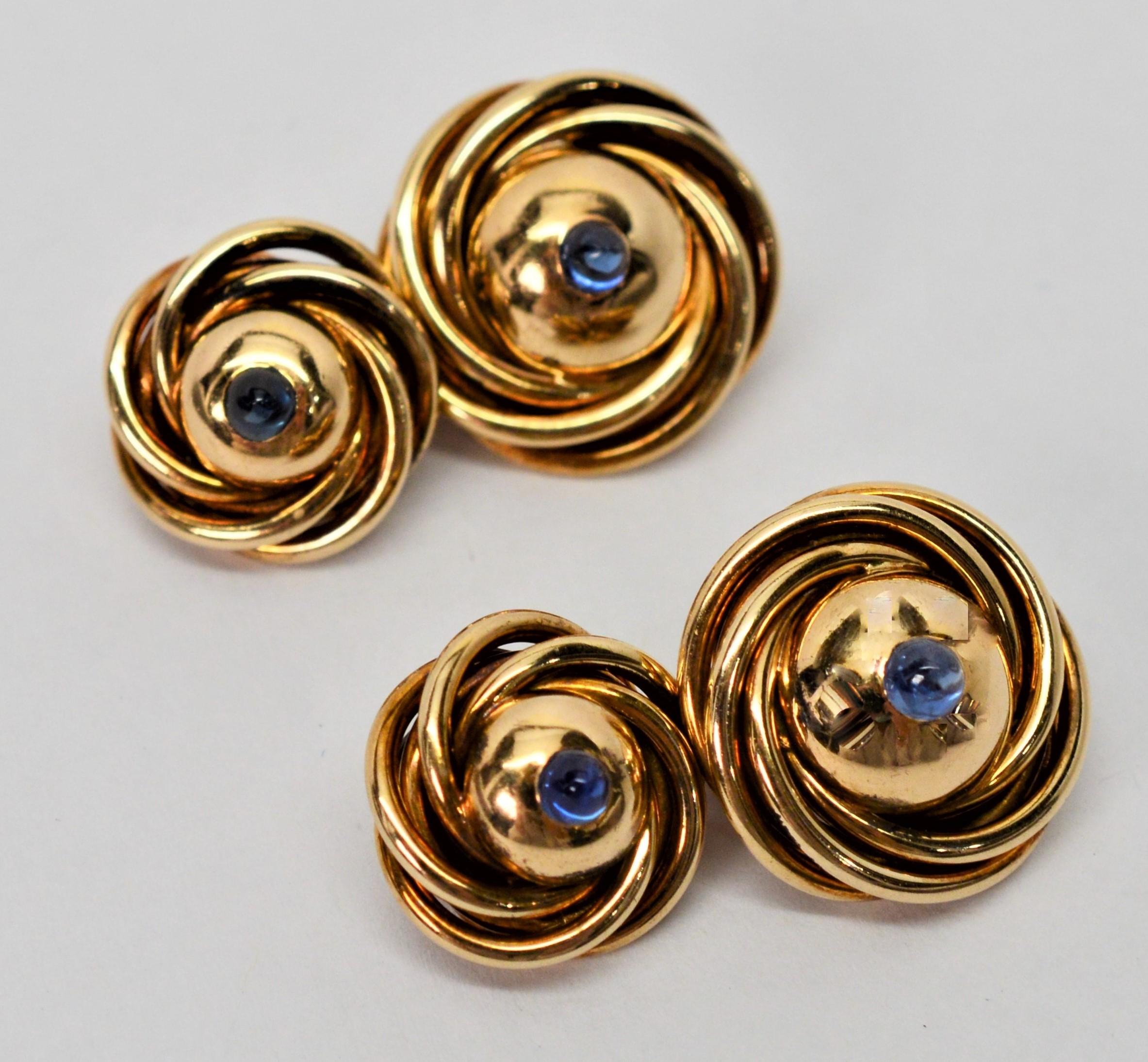 Women's or Men's Vintage 14 Karat Yellow Gold Knot Sapphire Cuff Links For Sale
